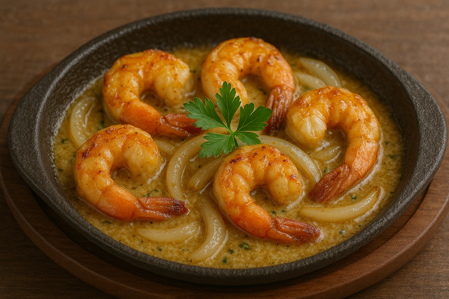 Creamy Garlic Butter Sizzling Prawns with Onions